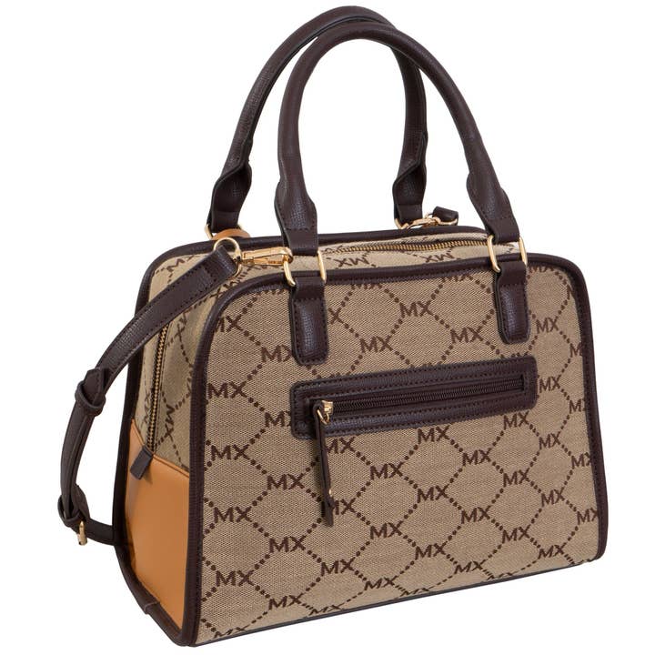 NATURAL Max Studio Signature Print Jacquard Satchel Bag for wholesale on Faire