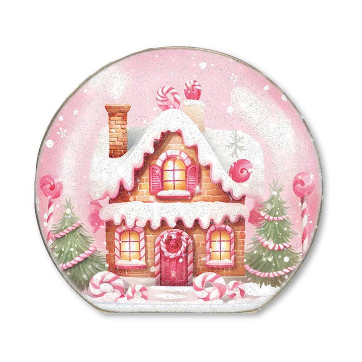 SNOWGLOBE SITTER PINK GINGERBREAD HOUSE 2 (WITH GLITTER) for wholesale by Jarmz Designs