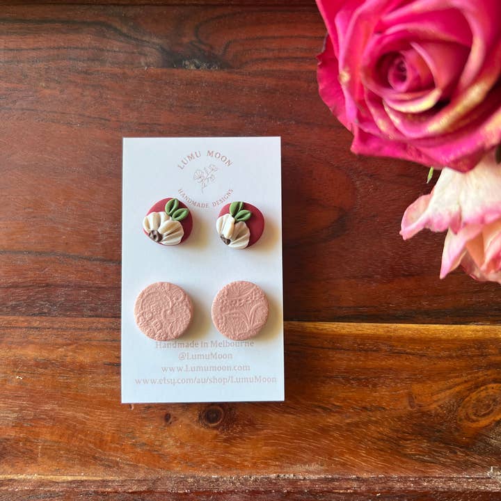 Lumu Moon Handmade Designs - Wholesale Stud/post earrings - Penny Red & Floral Earrings - 2pk Stud Pack1
