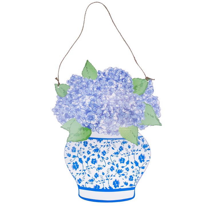 The Royal Standard - Wholesale Door Hanger - Hydrangea Vase Door Hanger Blue/White 19.75x15.75