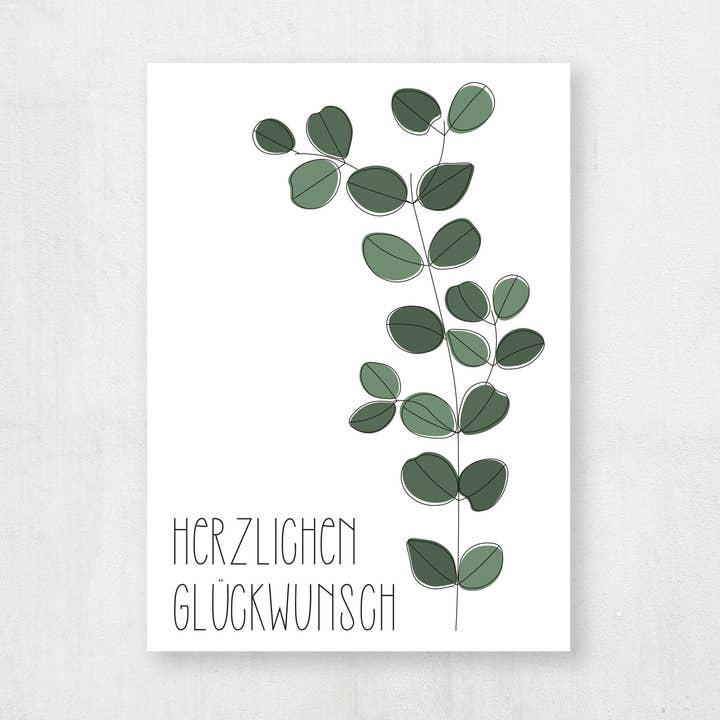 Postkarte Eukalyptus "Herzlichen Glückwunsch" für den Großhandel von Emma Plitt Design