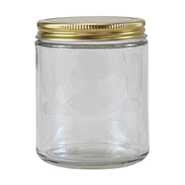 8oz Clear Glass Jar with Gold Metal Lid with Plastisol for wholesale by The Bottle Shoppe