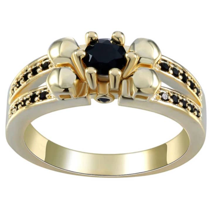 Quattro Teschi d'oro - Black Sapphire Gold-Tone Wedding/Engagement Ring (#w042) for wholesale by SkullJewelry.com