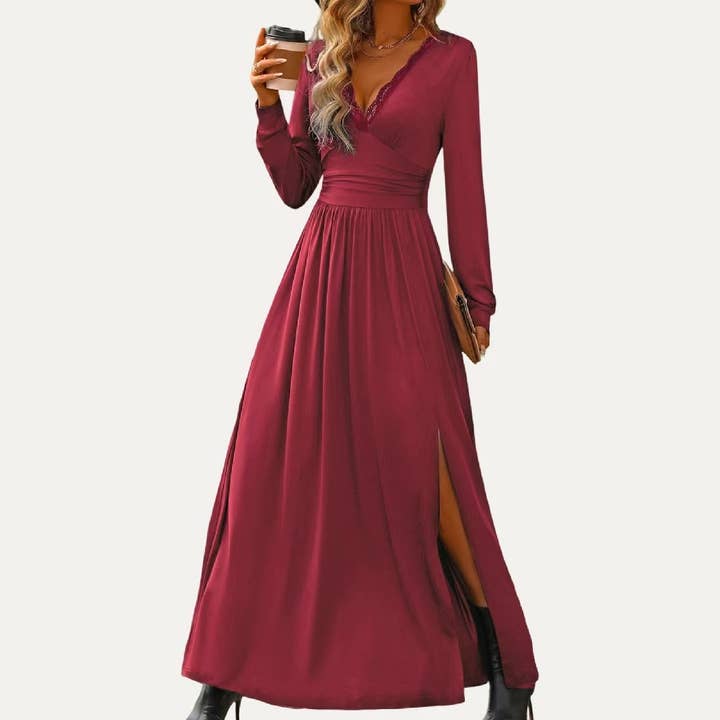 The Moment Collection - Wholesale Dress - Women's - Solid Soft Stretchy Plunging Neck Long Sleeve Maxi Dress1