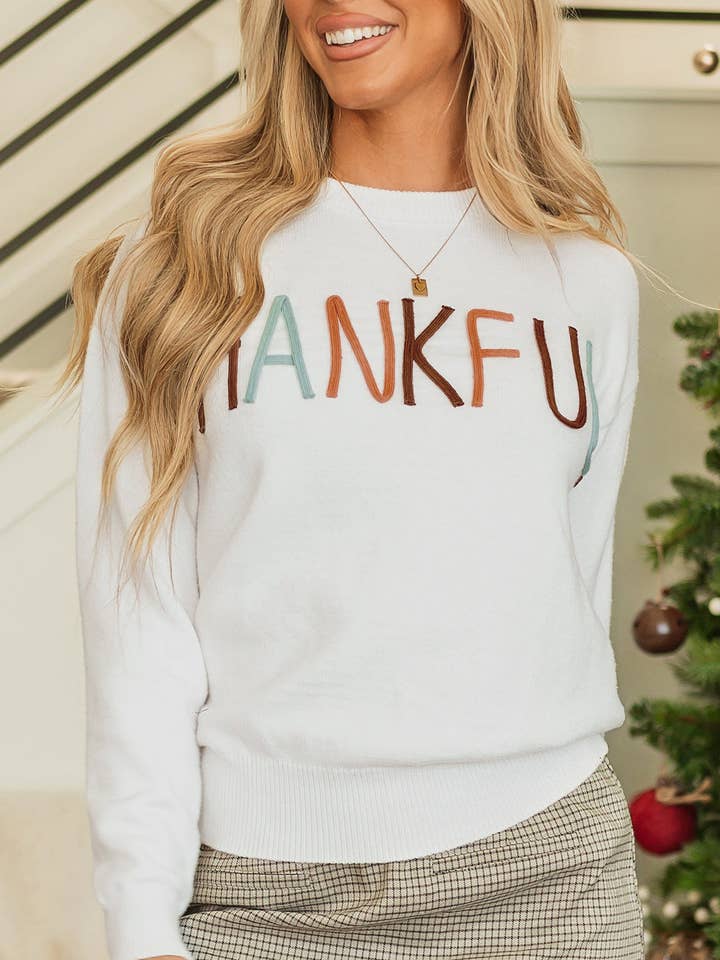 Bianco Maglione del Ringraziamento con Ricamo "Thankful" e Bordo a Coste in vendita all'ingrosso su Faire0