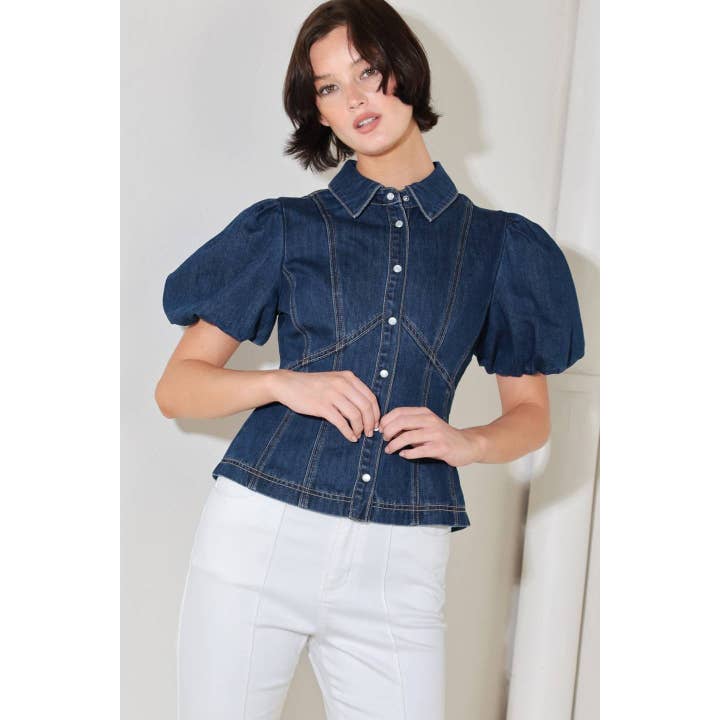 Washed Denim Collar Short Puff Sleeve Top w_Button for wholesale by BNS