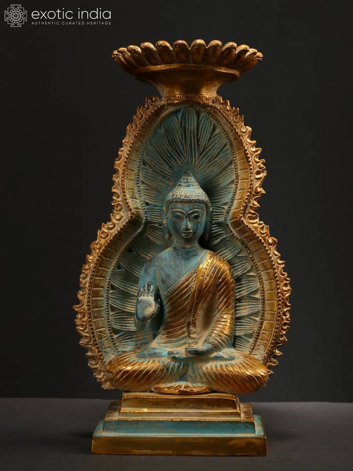 11" Blessing Buddha Idol Seated on Throne | Brass Statue for wholesale by Exotic India Art