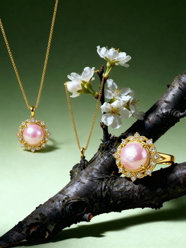 Set of pink pearl necklace and open ring plated in 18-carat gold for wholesale by PHOEBE´S