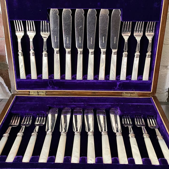 Antique Silver and Mother of Pearl Fish Service for 12 for wholesale by Batterby House