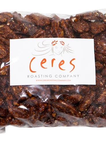 Sachet transparent de 1 livre de noix de pécan glacées à la cannelle pour la vente par Ceres Roasting Company