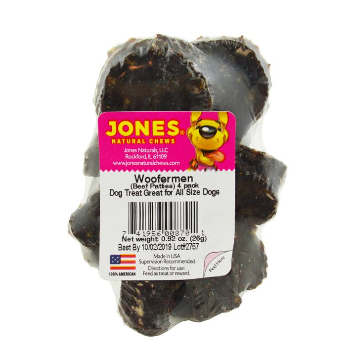 Woofermen 4 Pack Shrink Wrap with Label for wholesale by Jones Natural Chews