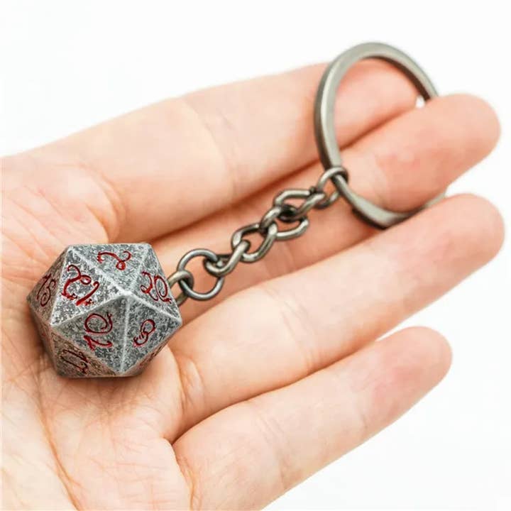 Tabletop Dominion Limited - Wholesale Keychain – Unisex - Keyring: Stone Effect Metal D20 Dice with Bloody Font D&D2