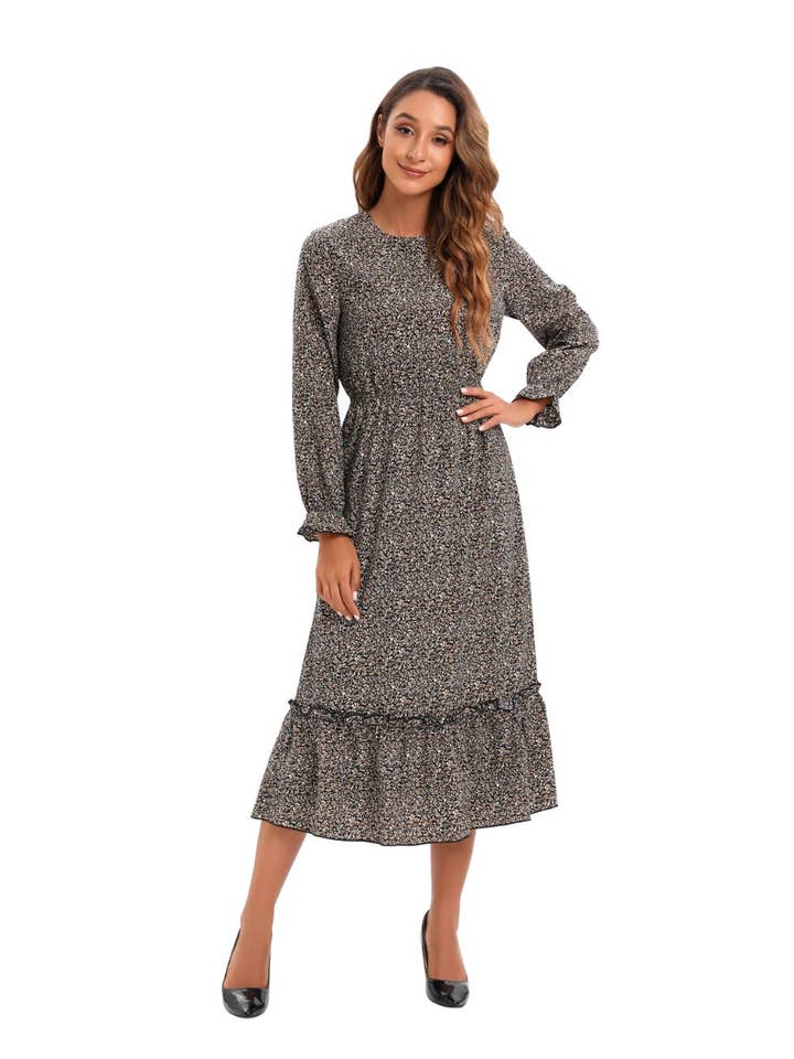 Elegante, bescheiden jurk met lange mouwen en print voor wholesale door Miss Finch NYC