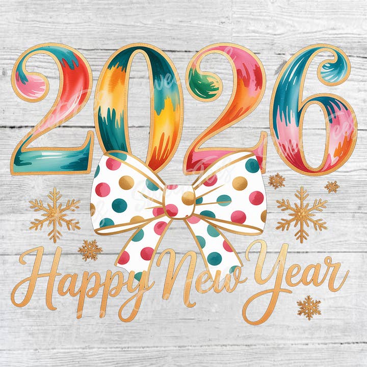 2026 Happy New Year Watercolor Gold Sublimation Transfer for wholesale by Sweet Tees