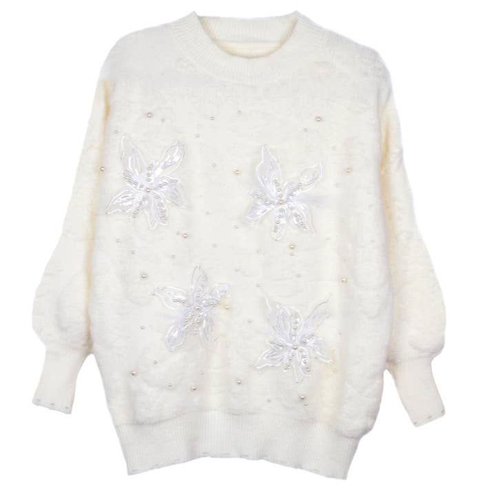 PEACH ACCESSORIES - Wholesale Knitted jumper – Women′s - Luxurious Embellished Pearl White Jumper SS1024