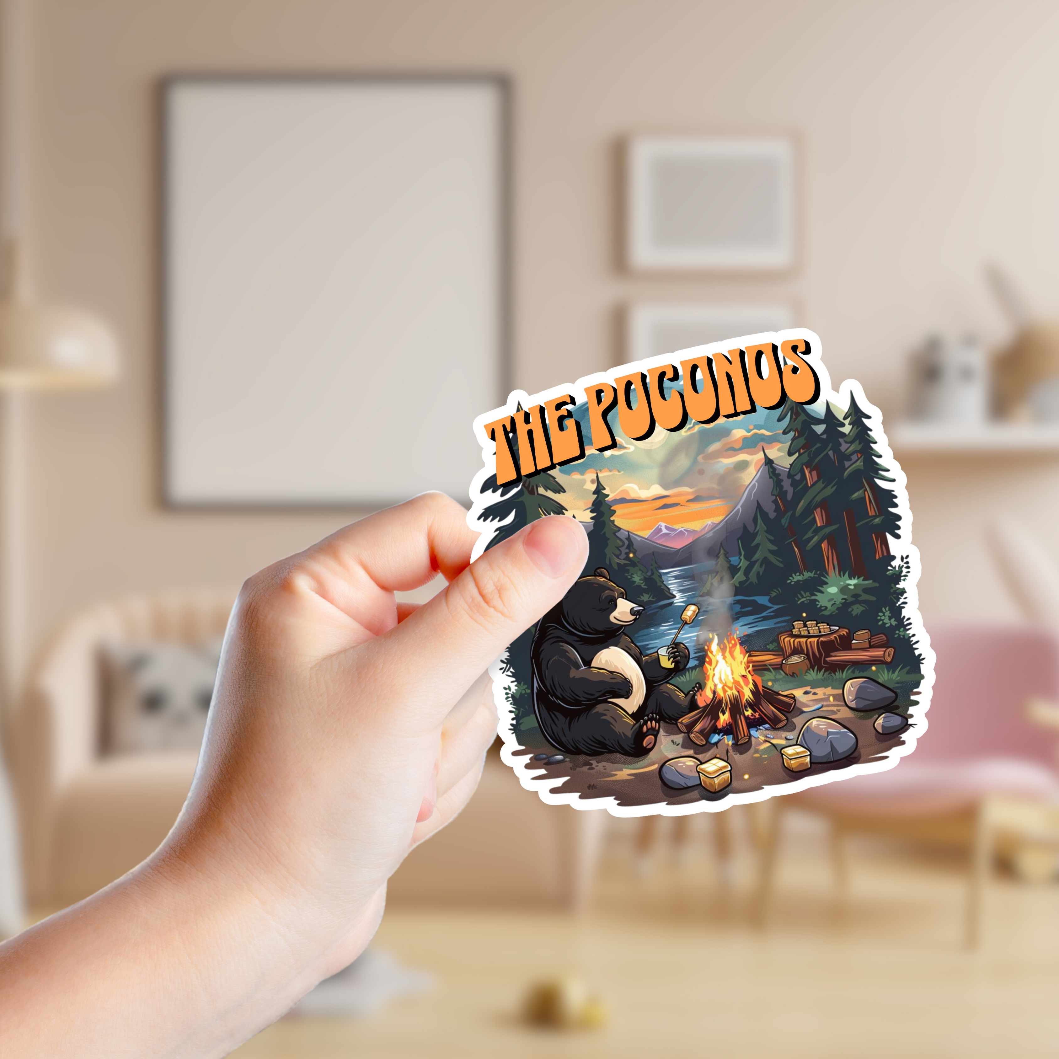 Shoreline Summit – wholesale Sticker – Bear Roasting a Marshmallow Custom Souvenir Sticker (M1038)1