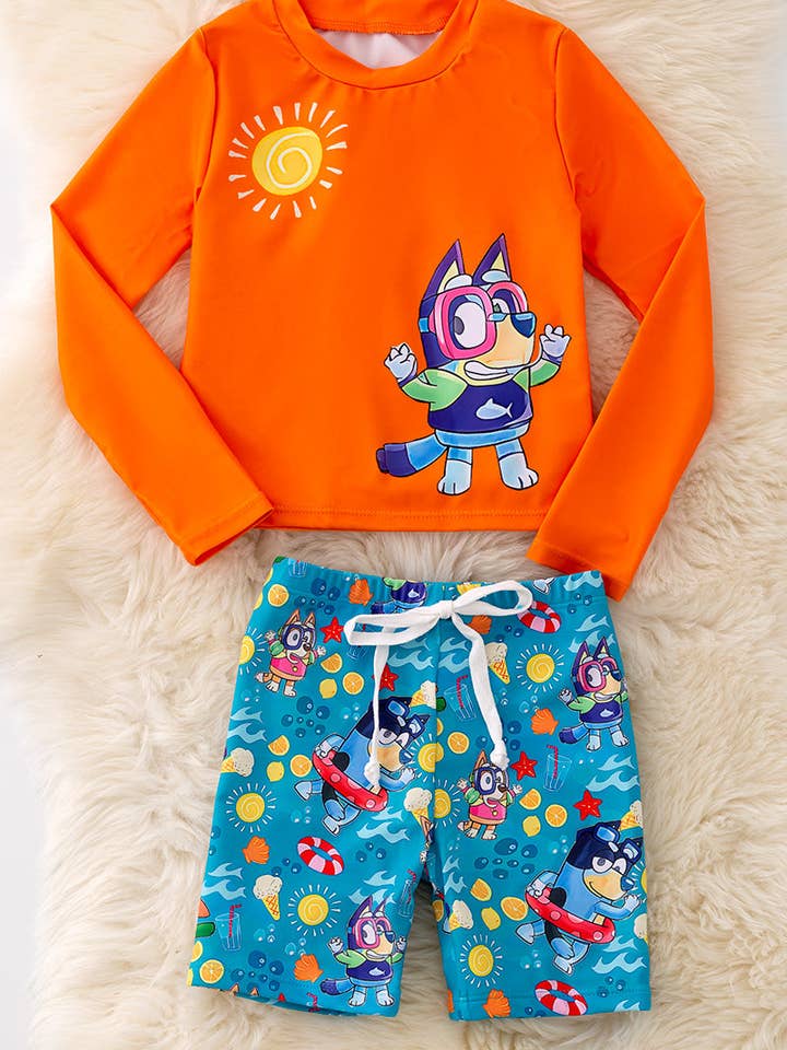 Ensemble de bain garçon imprimé bleu*, orange et turquoise. SWB40010 JEAN🏖️ pour la vente par Kids Charm Online