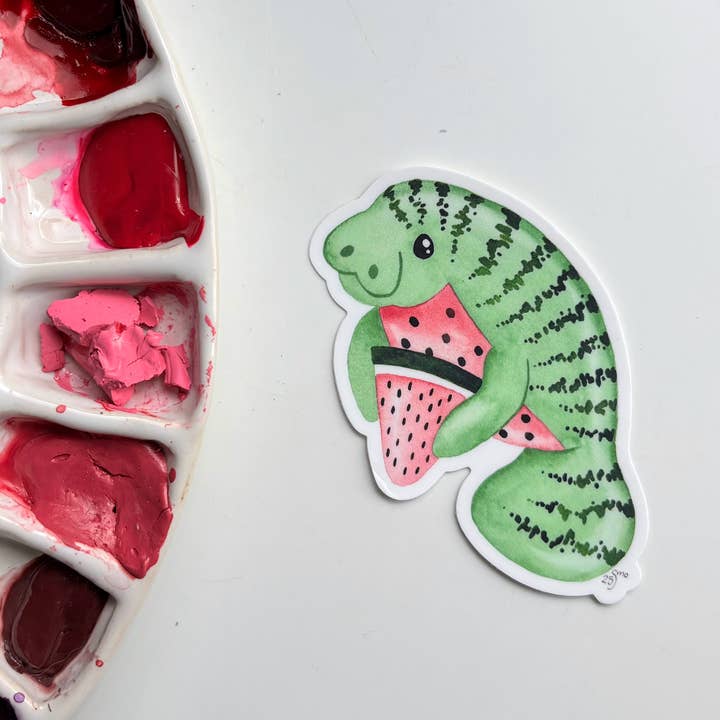 Watermelon Manatee Vinyl Sticker – Whimsical Fruit Animal for wholesale by Owlfeathers Watercolor