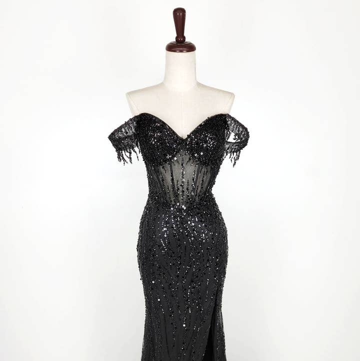 Chicas - Wholesale Gown - Women's - Off the Shoulder Sequin and Bead Long Dress C3310