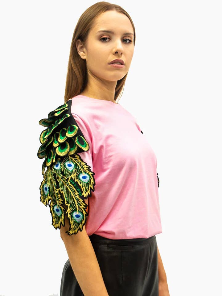 RAG7MEV-COTTON PINK PEACOCK T-SHIRT for wholesale by Ragyard