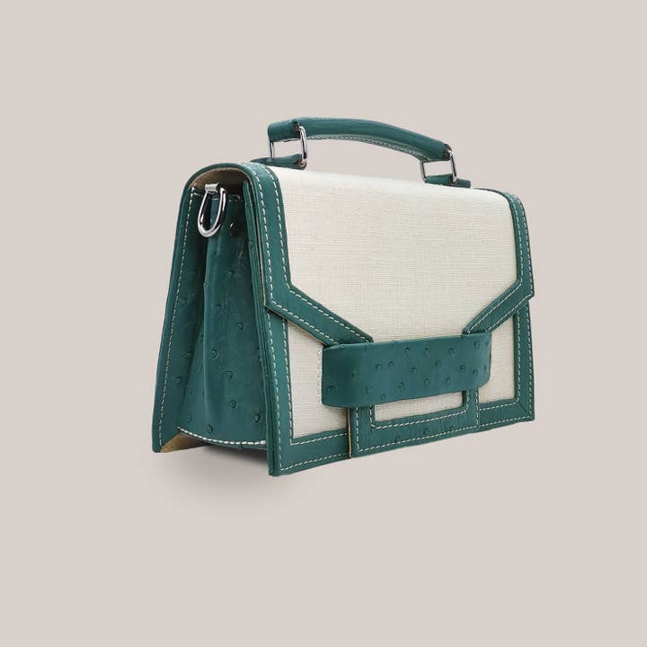 Alca Green Ostrich Leather And Linen Flip Bag for wholesale on Faire1