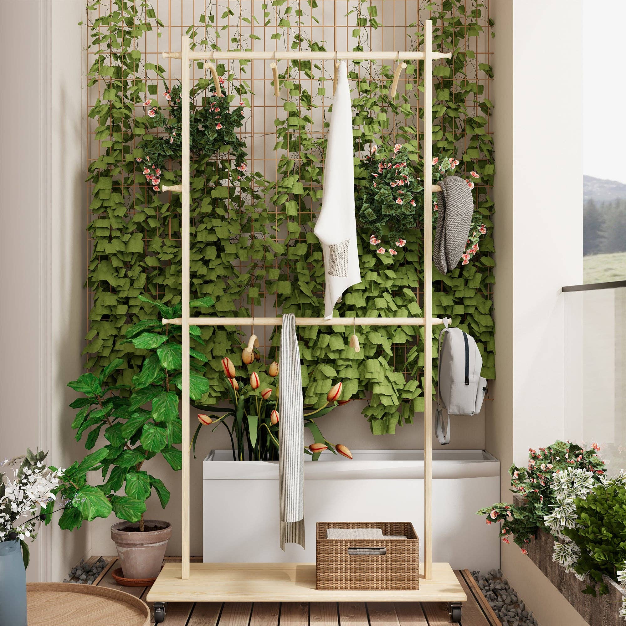 39F Inc. - Wholesale Clothes Hangers - Solid Wood Garment Rack with Shelf, Wheels & 6 Hangers2