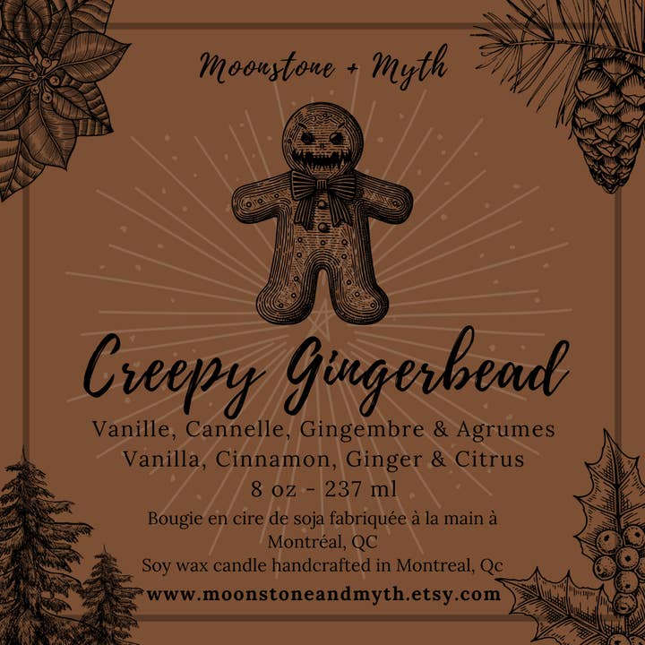 Creepy Gingerbread, 100% soy wax scented candle for wholesale by Moonstone and Myth