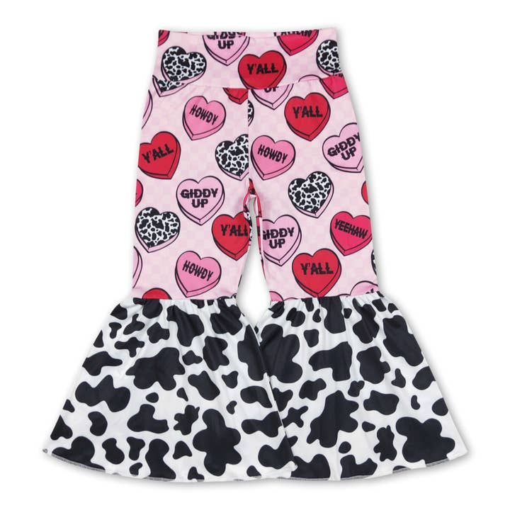 Pink plaid heart cow print girls valentine's bell bottom pan for wholesale by Yawoo Garments