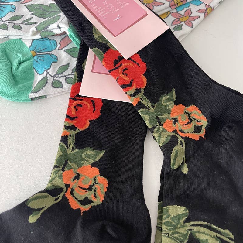 Tourtiwi - Wholesale Socks - Women's - Vintage Style Rose Floral Colored Crew Socks10