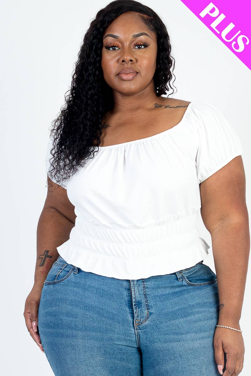 CAPELLA APPAREL - Vente Haut en maille – femme - Top uni en tricot côtelé à manches bouffantes et froncées de grande taille8