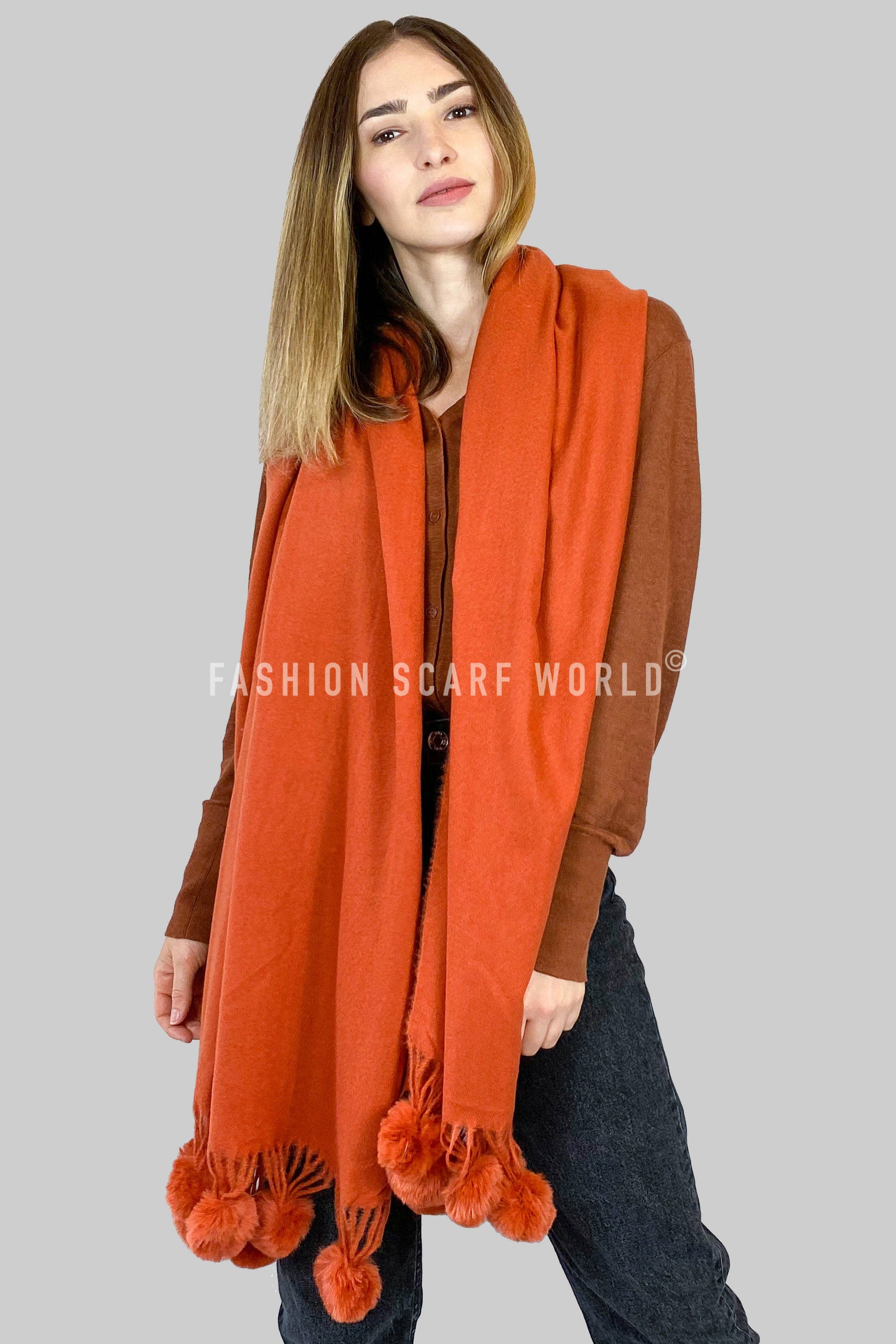 Fashion Scarf World – wholesale Scarf – Women's – Plain Wool Pom Pom Scarf19