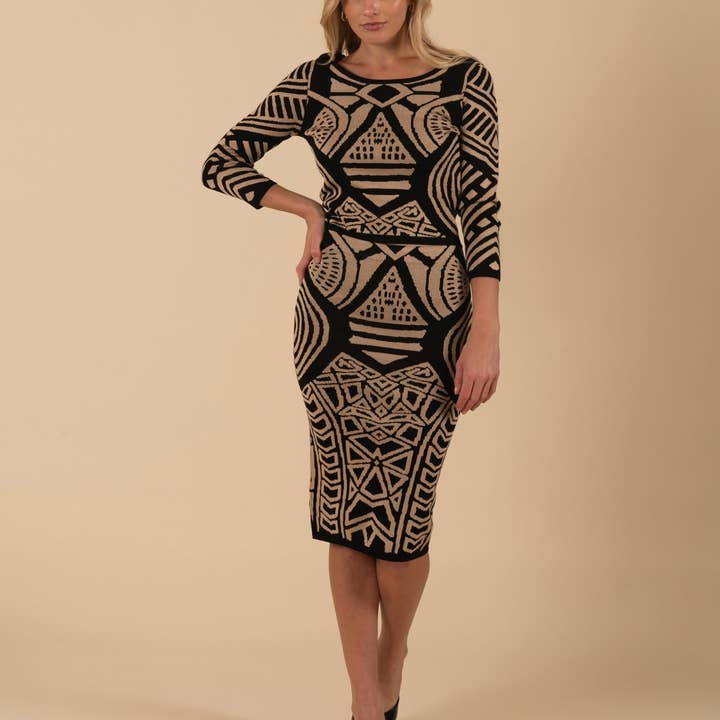 Geometric Knit Skirt- Beige/ Black for wholesale by Vertigo Usa