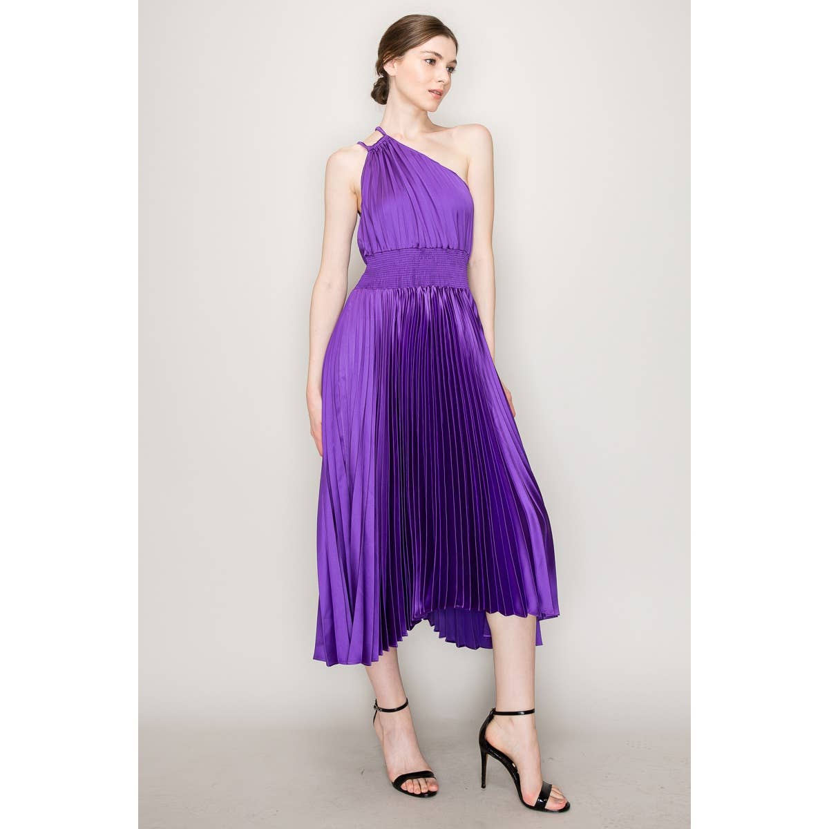 INA - Wholesale Dress - Women's - One-Shoulder Double Strap Pleated Satin Dress13