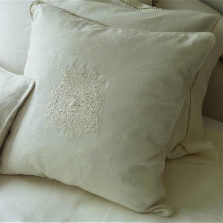 Monograme Ivory Embroidered Linen Cushion Cover for wholesale by Dormitory