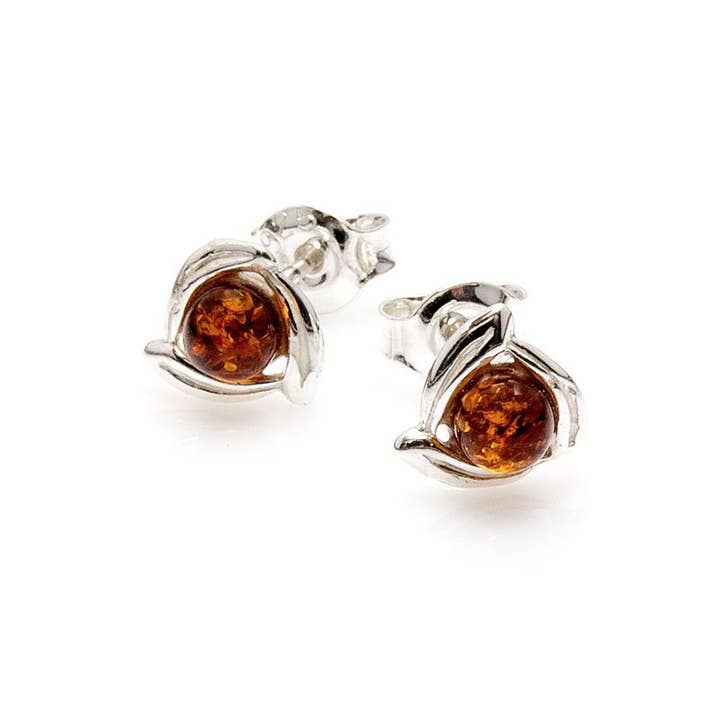 Baltic cognac amber ball earrings, silver for wholesale by OPALOOK France