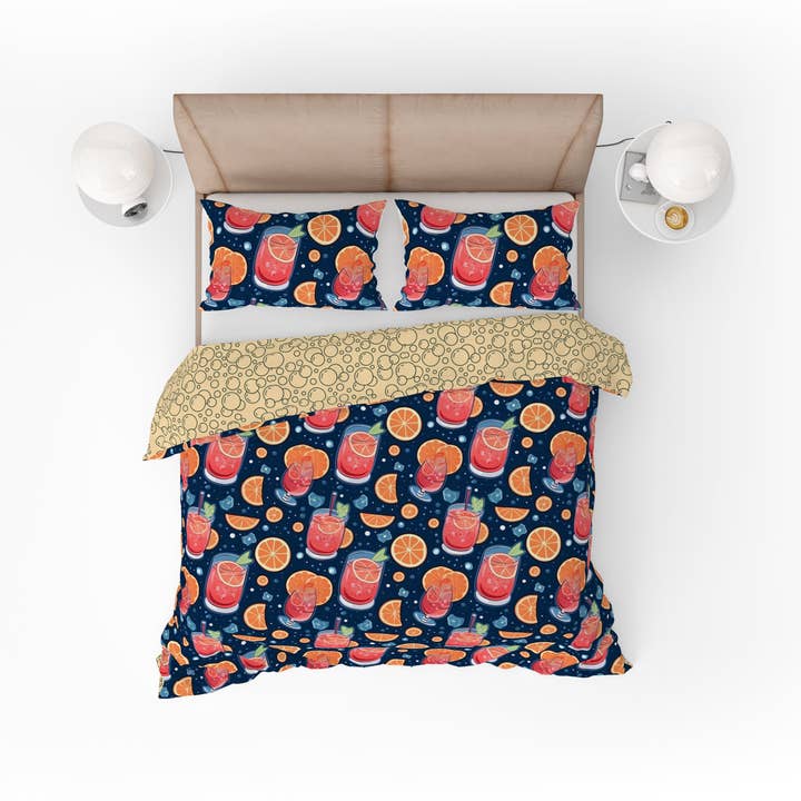 Bohemian Lemon Drink Holiday Fun Red Cotton Reversible Quilt Cover Set for wholesale by Adore India