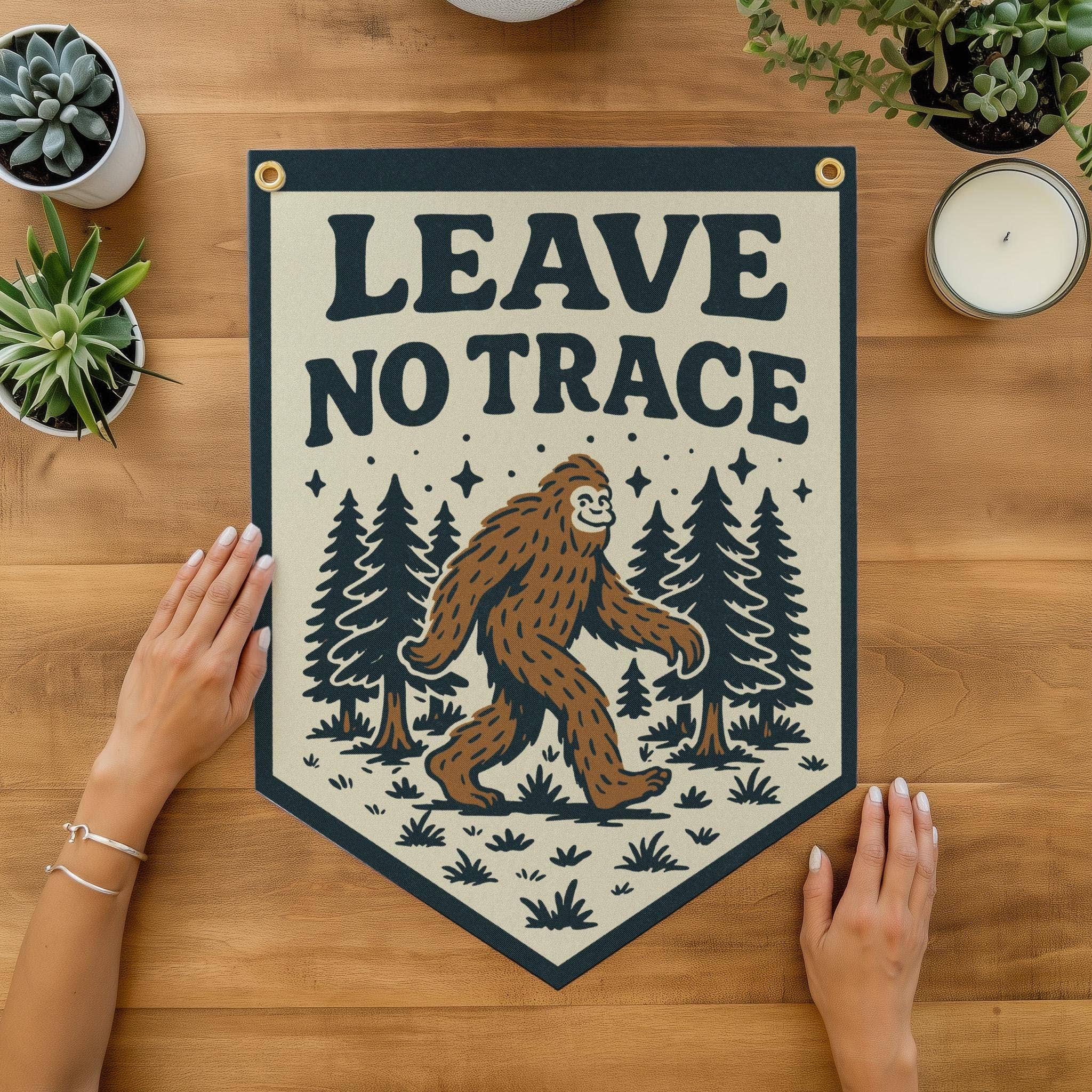 Benoit's Design Co. - Wholesale Sign - Leave No Trace Sasquatch Felt Camp Flag2
