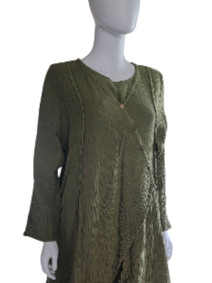 TD2590 Long Sleeve 2-Layered Diagonal Button Dress Green for wholesale by Evergreen Guardian Imports