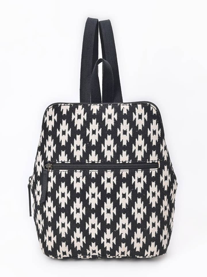 Black and White Geometric Woven Backpack for wholesale by Ganges Grain Inc