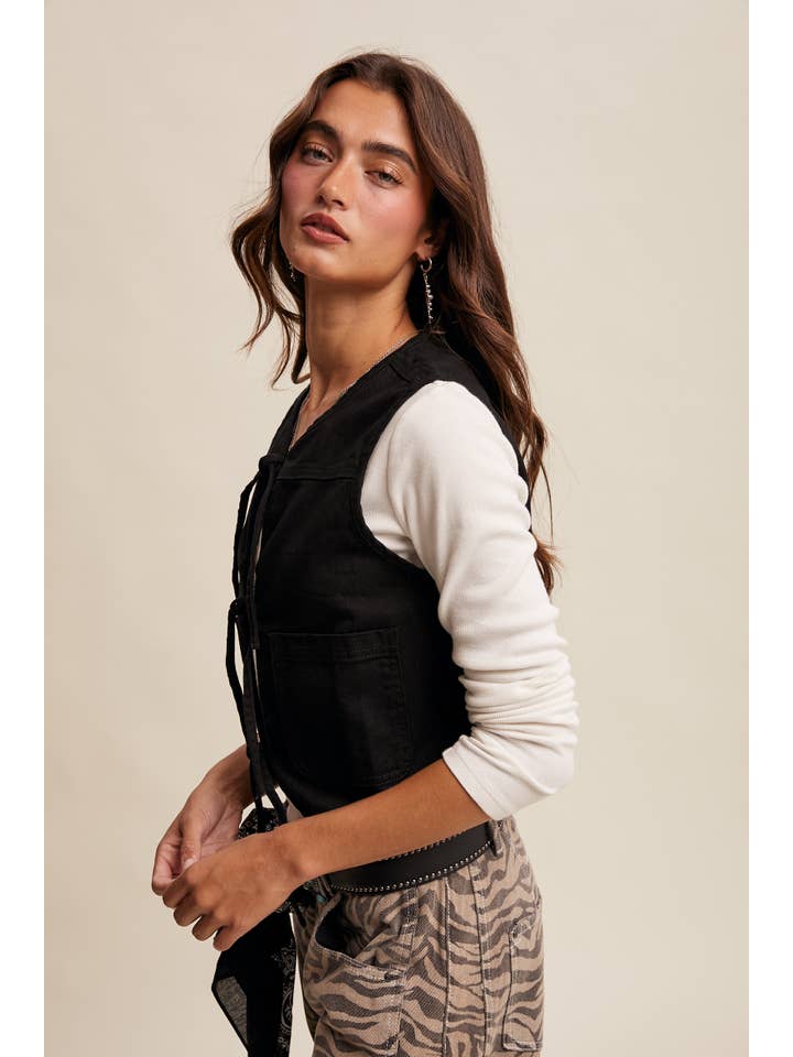Listicle - Wholesale Outerwear Vest - Women's - Colored Denim Tie-Front Vest LVT01810