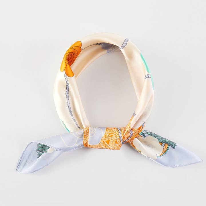 Nautical Rope Floral Pattern Printed Square Silky Satin Bandana Scarf for wholesale by Sensibling Corp.