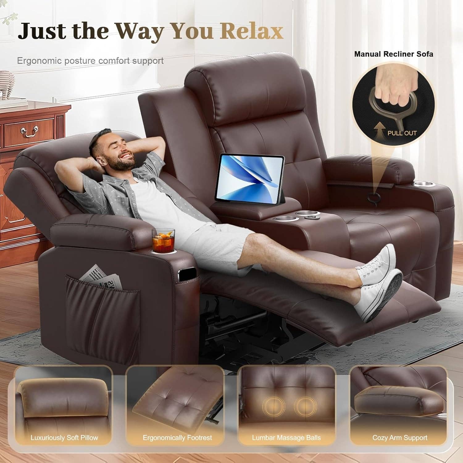 Brown Reclining Massage Loveseat With USB Ports And Wall Hugger for wholesale on Faire2