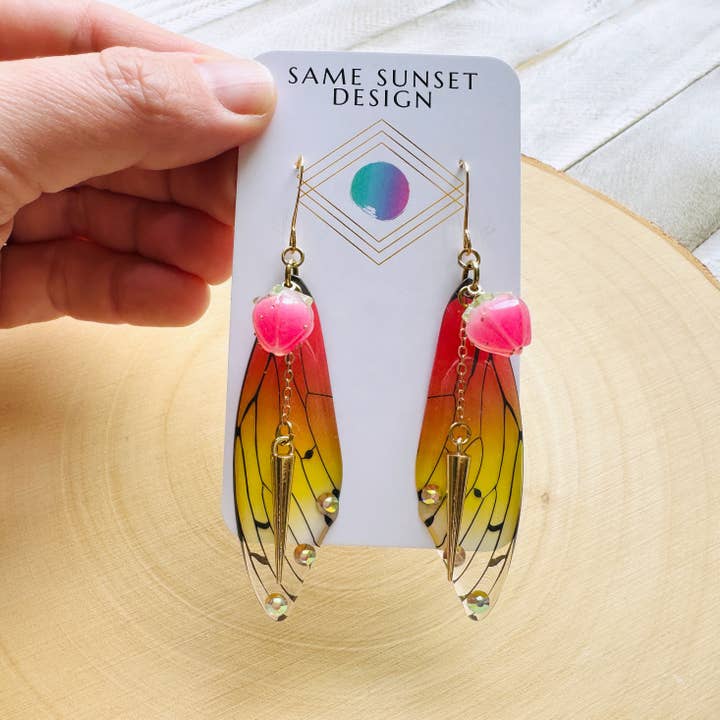 Same Sunset Design - Vente Boucles d'oreilles pendantes - Boucles d'oreilles gothiques punk avec ailes de papillon et de fée