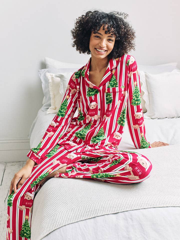 Christmas Teddy Bear Stripe Print Long Pyjama Set for wholesale by Chelsea Peers
