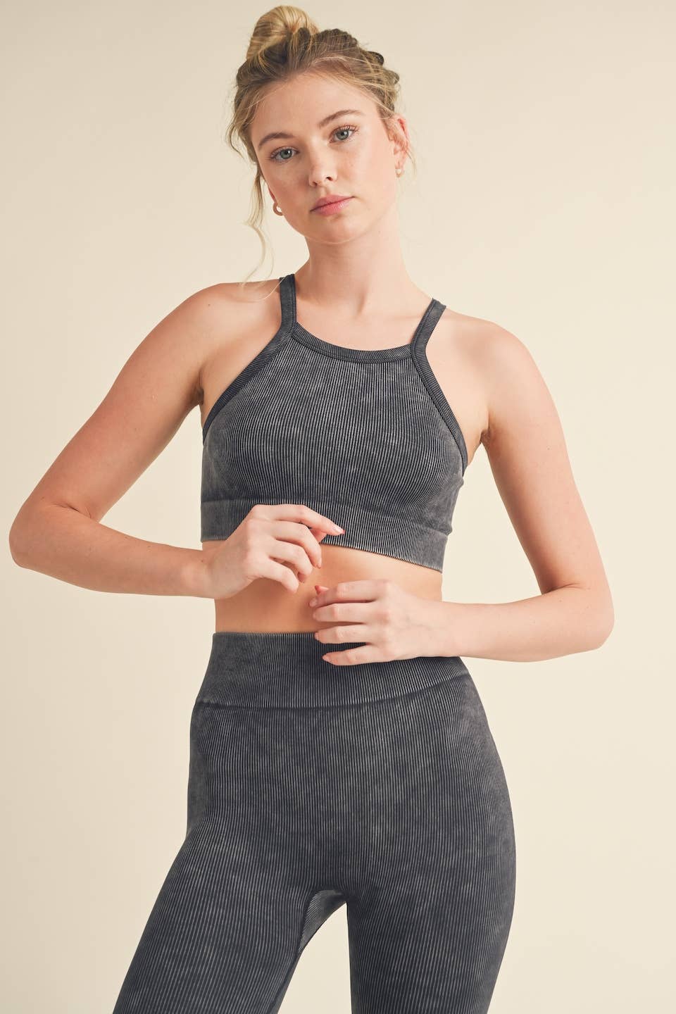 KIMBERLY C - Vente Ensemble de sport – femme - Ensemble soutien-gorge côtelé sans couture et legging à col haut18