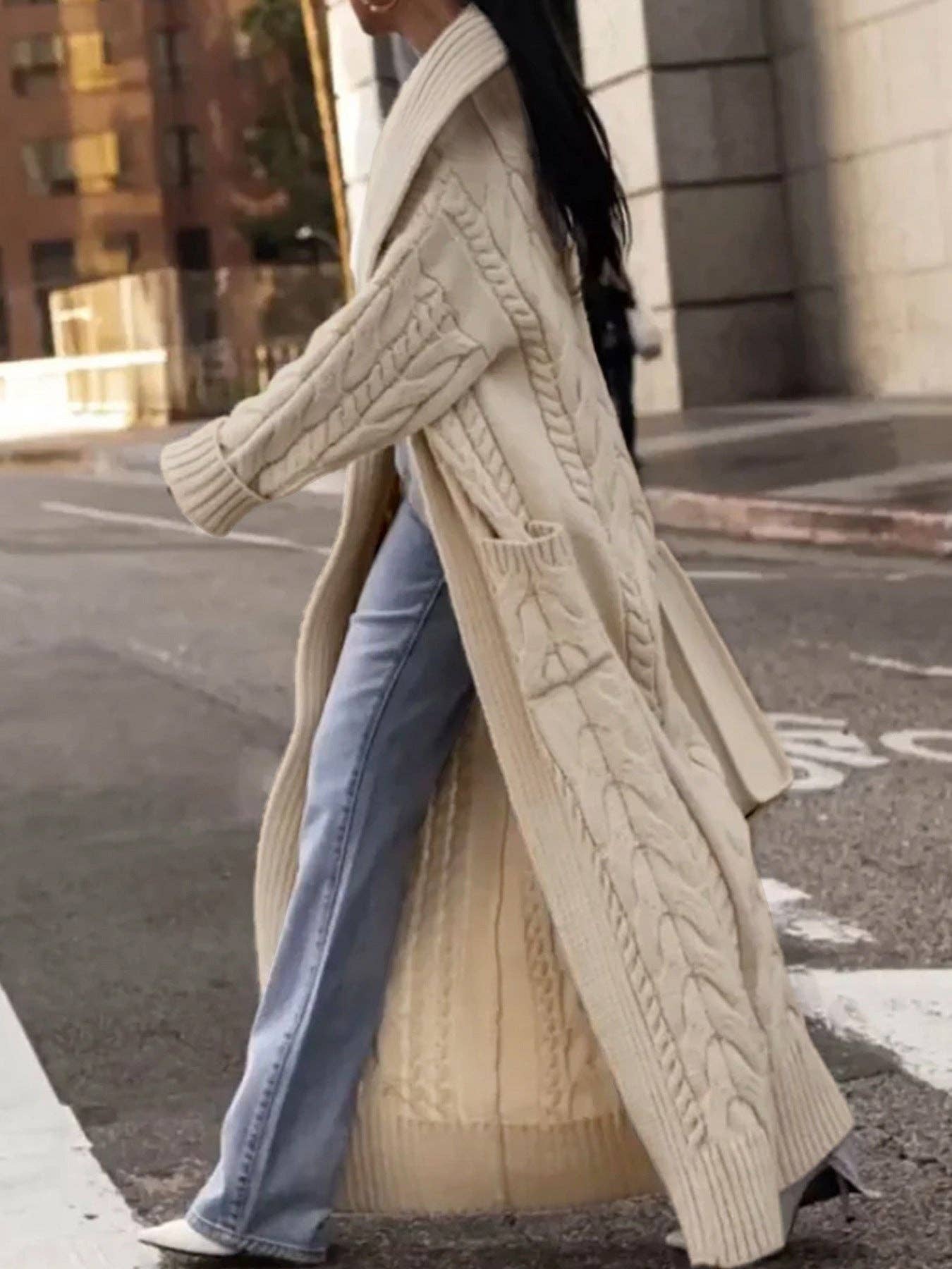 alberalkirk - Wholesale Cardigan - Dames - Chunky Kabelgebreide Lange Vestjas N5A0350