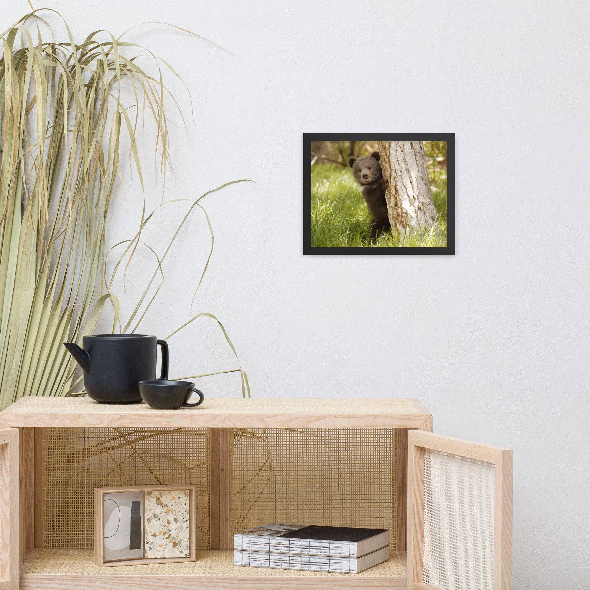 Pipa Wall Art & Home Decor - Wholesale Art Print - Cute Baby Grizzly Bear Cub Behind Tree In Meadow Framed Art21