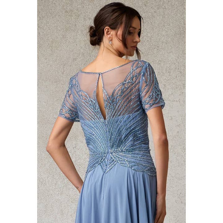 Dusty Blue Short Sleeve Deep V Neck A Line Chiffon MoB Dress for wholesale on Faire4