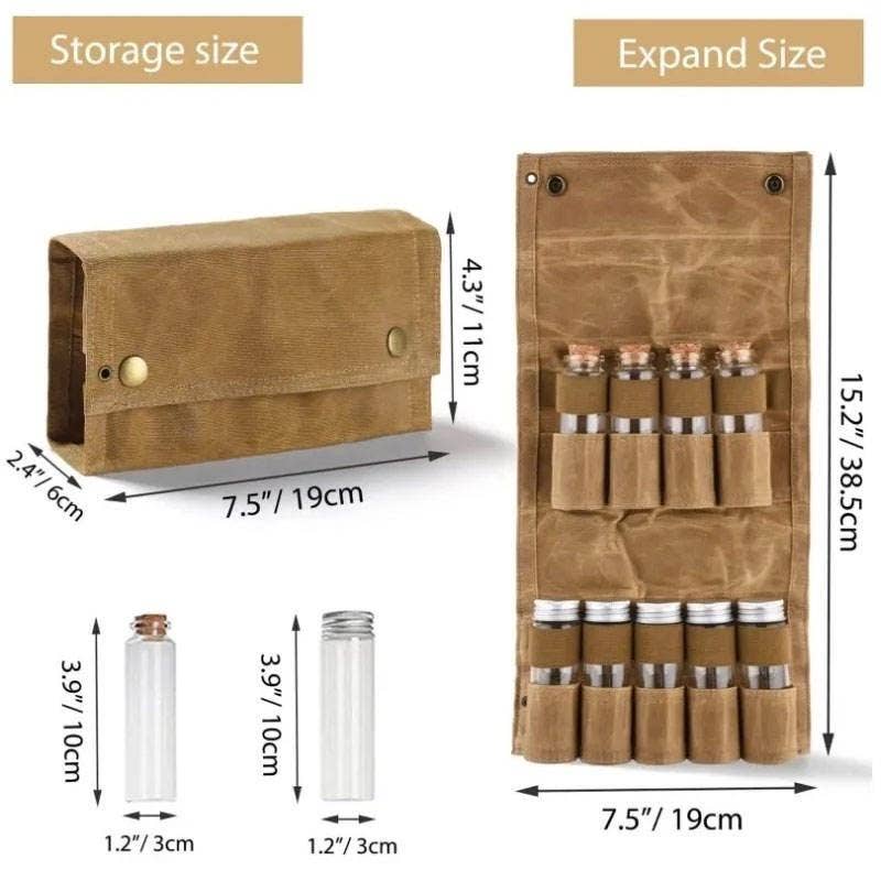 VIGOR - Vente Sets de voyage - Trousse à épices de voyage en toile cirée imperméable Sac de rangement pour bouteilles d'assaisonnement Ustensiles de camping en plein air Porte-épices de voyage Bushcraft (lot de 10)2