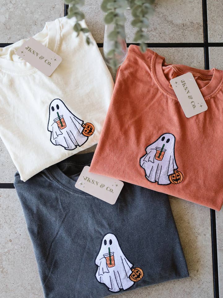 Iced Coffee Ghost Embroidered Tee for wholesale by JKSN & Co.